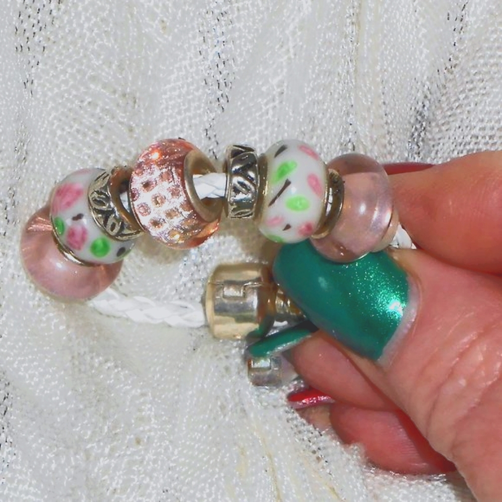Glass Bead Braided Leatherette Pink Bracelet